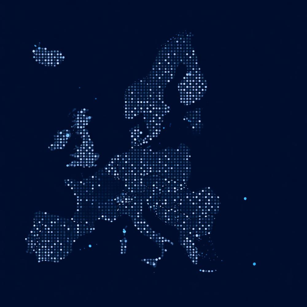 Dot-density illustration of Europe representing hospital coverage
